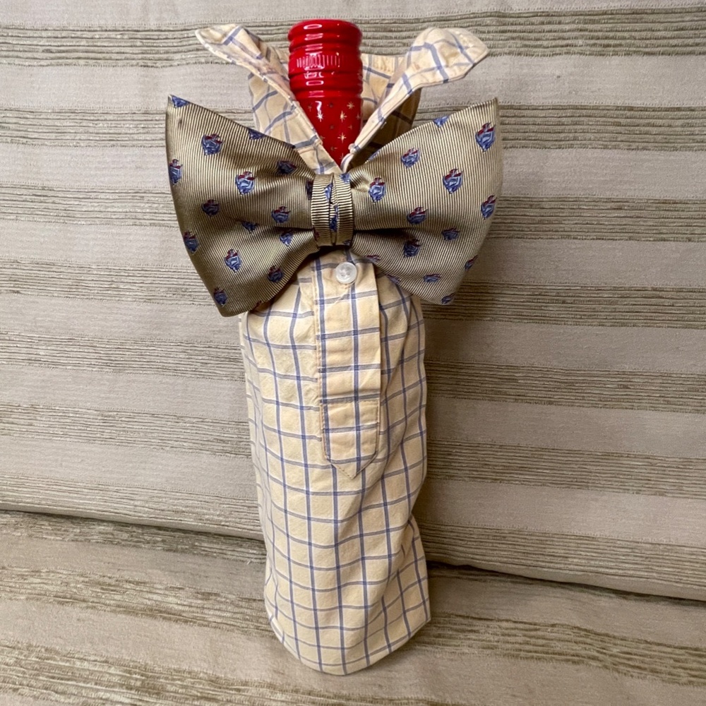 Handcrafted Wine or Liquor Bottle Gift Bag Made From Dress Shirt and Tie